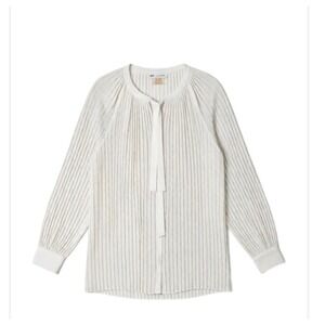 Midnight Velvet Ivory Pleated Tie Neck Long Sleeve Blouse Top Small